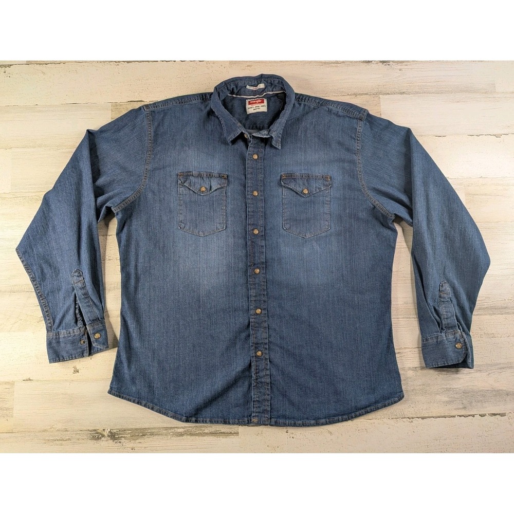 Wrangler Shirt Mens XL Stretch Denim Pearl Snap Indigo Blue Western Button Up